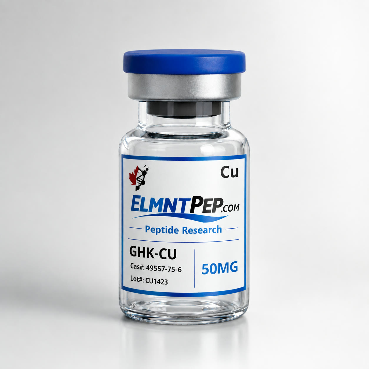 GHK-Cu 50mg ELMNTPEP research vial in a premium square studio view