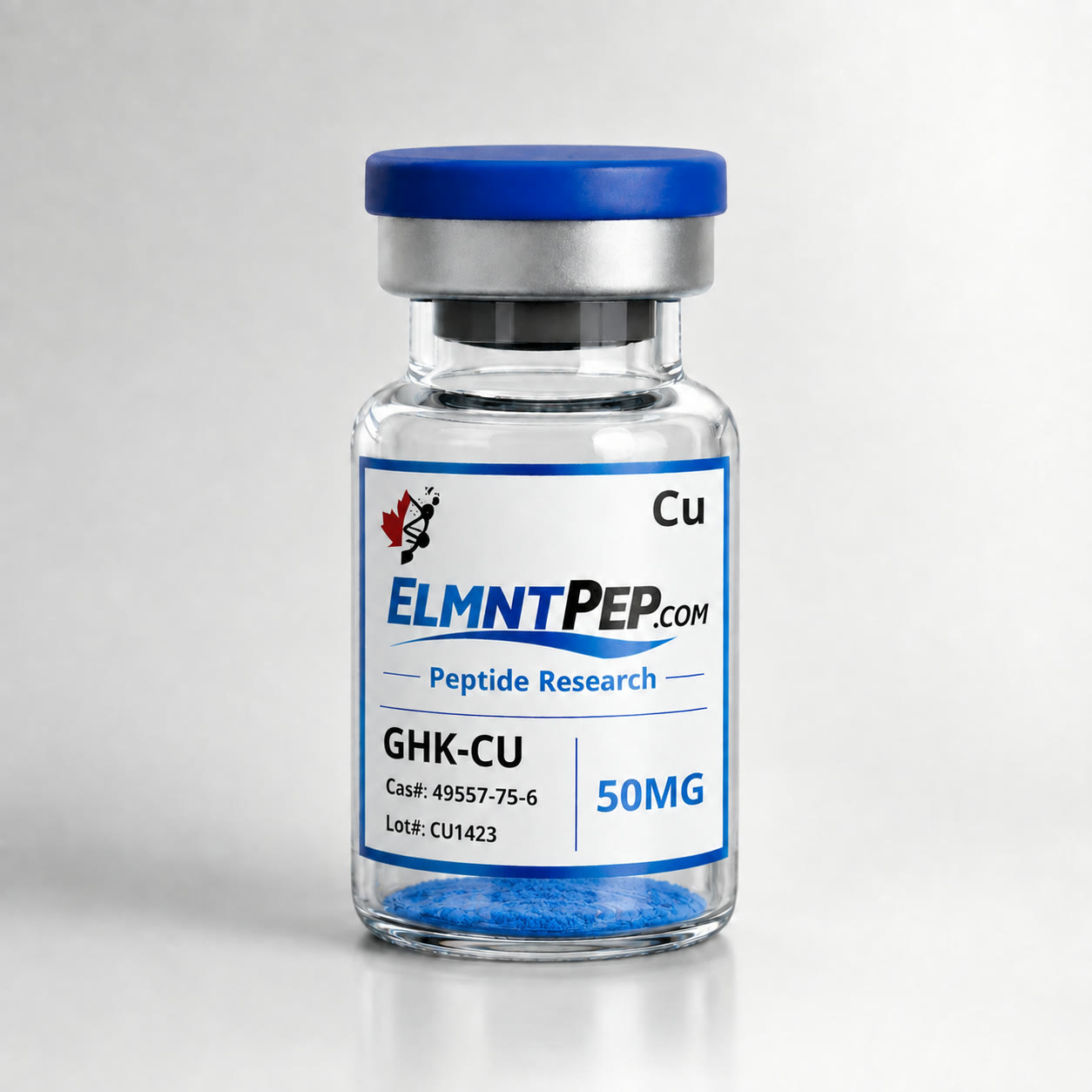 GHK-Cu 50mg ELMNTPEP research vial with blue product detail visible