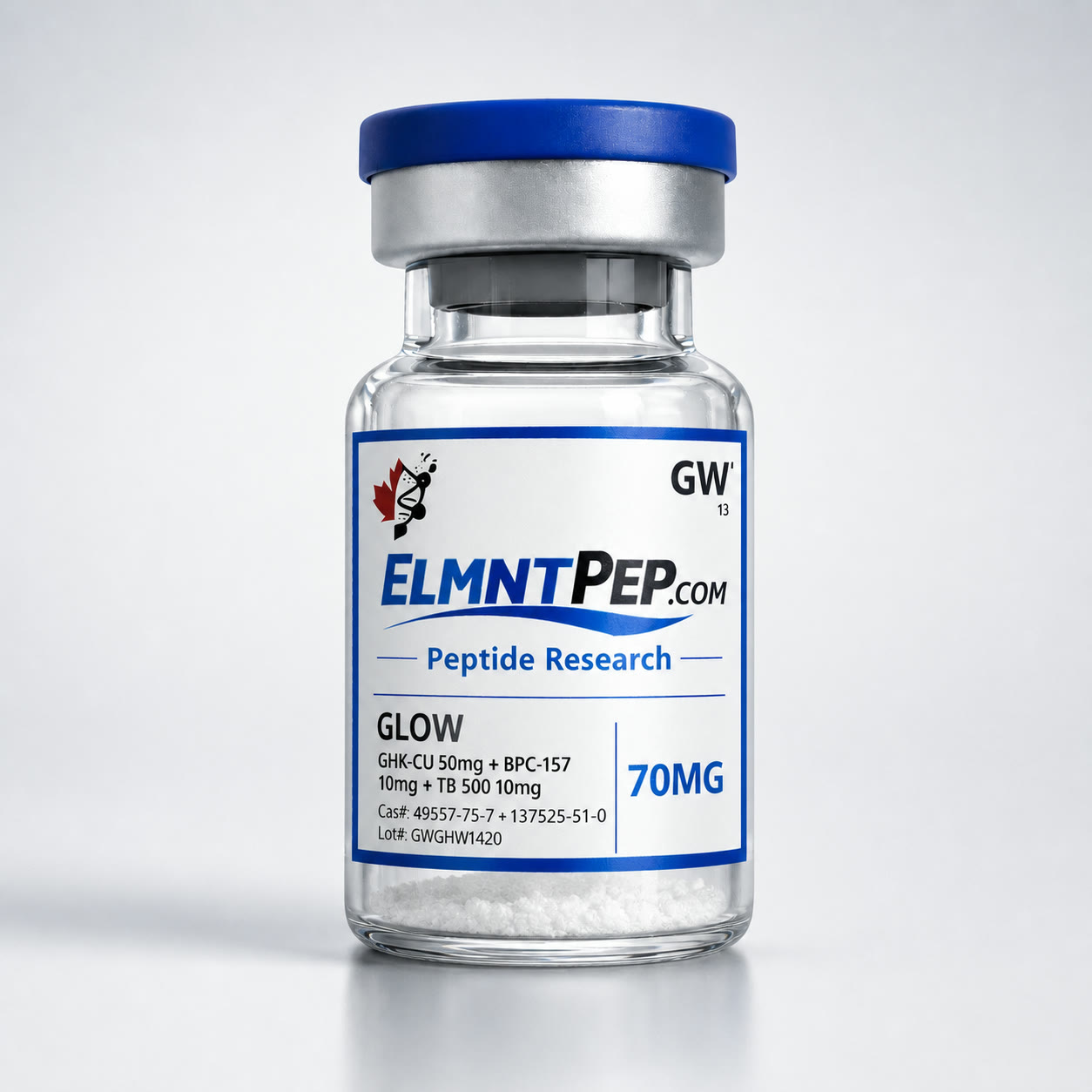 GLOW 70mg ELMNTPEP research blend vial in a premium square studio view