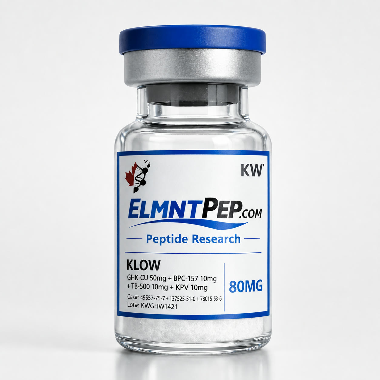 KLOW 80mg ELMNTPEP research blend vial in a premium square studio view