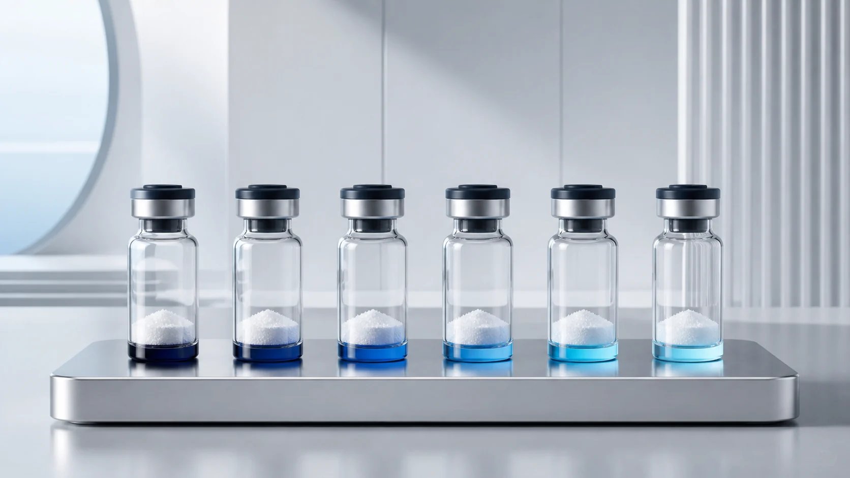 Six organized research peptide category vials