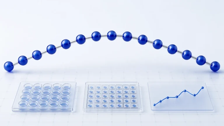 Fifteen-node BPC-157 peptide chain above laboratory assay panels