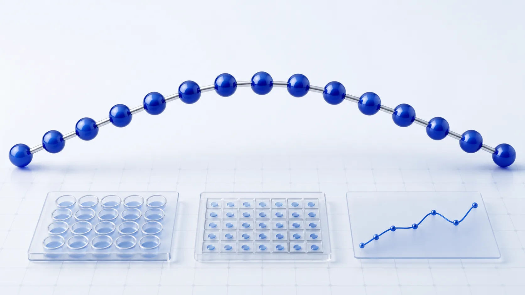 Fifteen-node BPC-157 peptide chain above laboratory assay panels