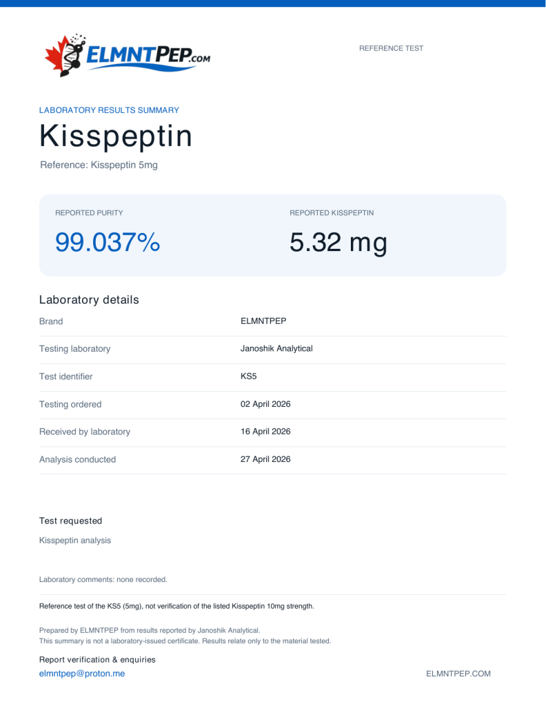 ELMNTPEP Kisspeptin laboratory results summary. KS5. Reported purity: 99.037%; Kisspeptin: 5.32 mg