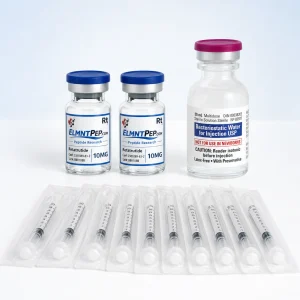 ELMNTPEP Retatrutide starter kit with two 10mg vials, Pfizer bacteriostatic water 30mL, and ten packaged research syringes