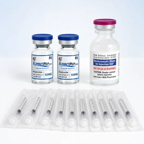ELMNTPEP Retatrutide starter kit with two 10mg vials, Pfizer bacteriostatic water 30mL, and ten packaged research syringes