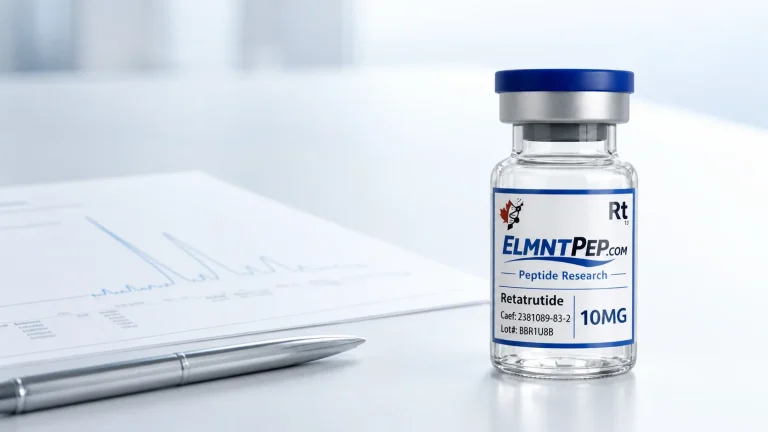 ELMNTPEP research vial beside an analytical testing report and chromatogram