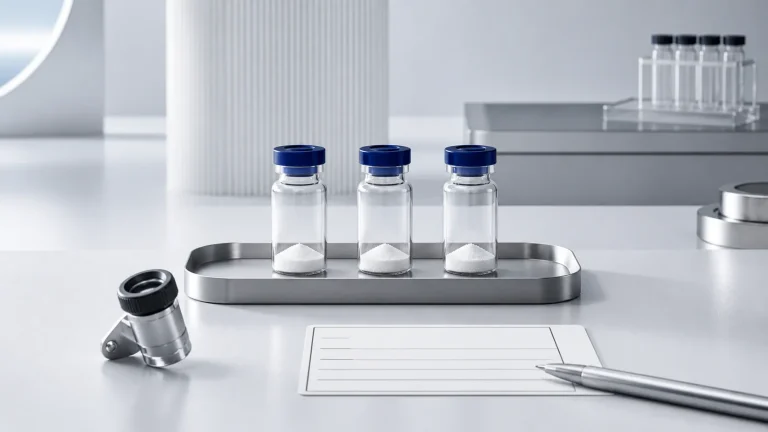 Three sealed research vials on a laboratory inspection tray with a batch record and optical loupe