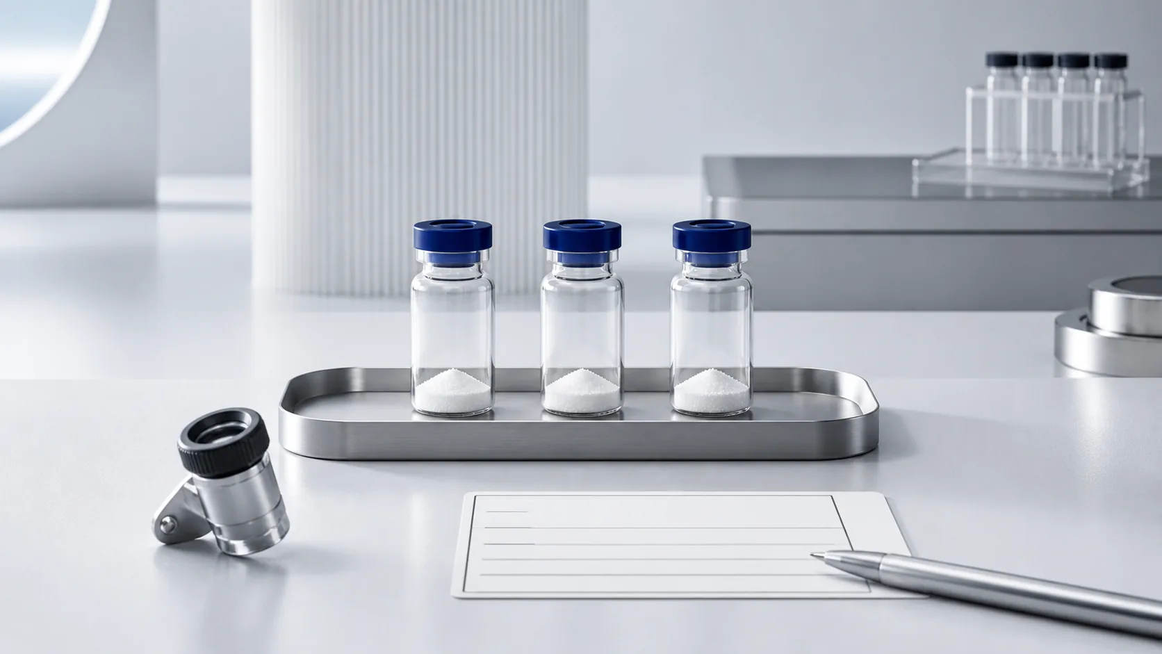Three sealed research vials on a laboratory inspection tray with a batch record and optical loupe
